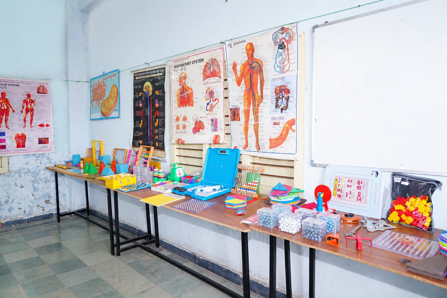 Educational resource laboratory displaying teaching aids and mathematics materials